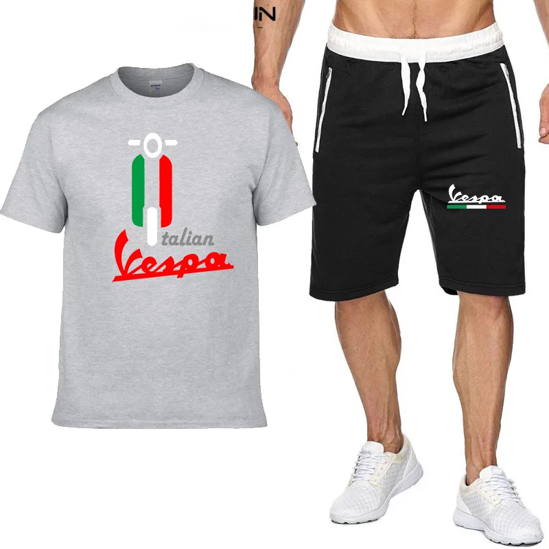 

NEW High quality Vespa fashion casual sportswear summer printing suit men jogging suit fitness clothes men's T-shirt + shorts
