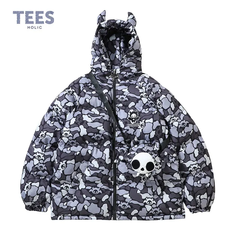 

Y2K Hood Heavy Down Jacket Hip Hop Camouflage Little Devil Pattern Jackets Men Cotton Padded Harajuku Thicken Coat Women Outwear