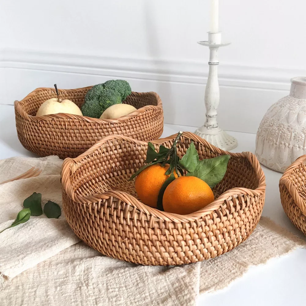 

Round Rattan Basket Picnic Food Storage Wicker Basket Fruit Bread Food Storage Sundries Organizer Kitchen Accessories
