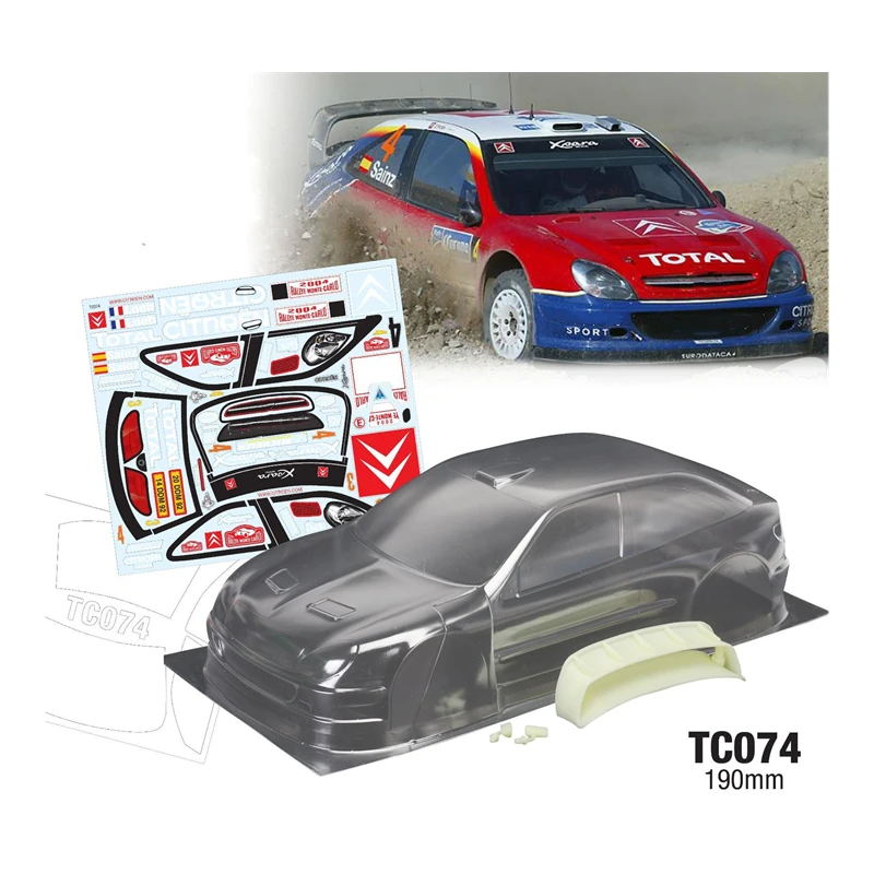 Team C TC074 1/10 Xsara WRC Rc Rally Car Clear Body With 3D Tail Wing/Rearview Mirrors + Color Sticker Decals