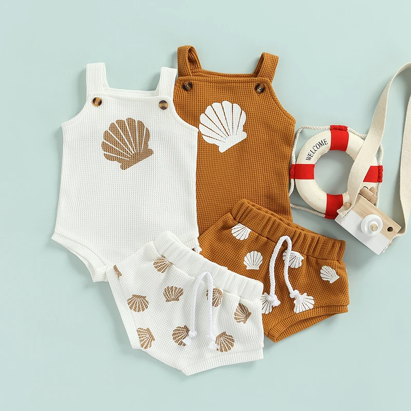 

Baby Summer Clothing Sets 0-18M Toddler Infant Boys Girls Shell Print Strap Button Plaid Knitted Bodysuits+Shorts Tracksuits
