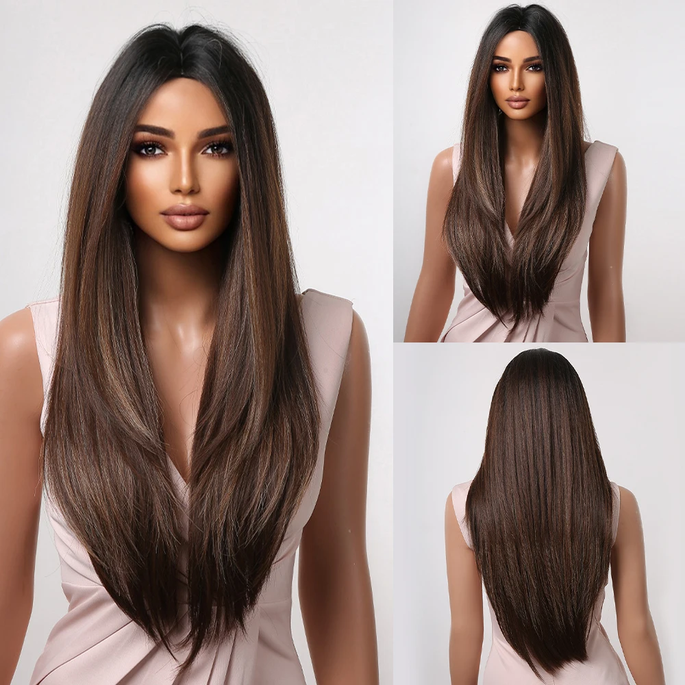 

Synthetic Long Straight Wig Ombre Chocolate Gloden Brown Wigs for Black Women Heat Resistant Middle Part Afro Cosplay Hair Wig