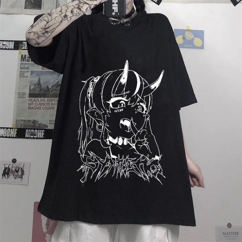 

Hip Hop Women T Shirt Harajuku Summer Short Sleeve T-shirt Female Punk Retro Cartoon Streetwear Anime Print Y2k Clothes Tops