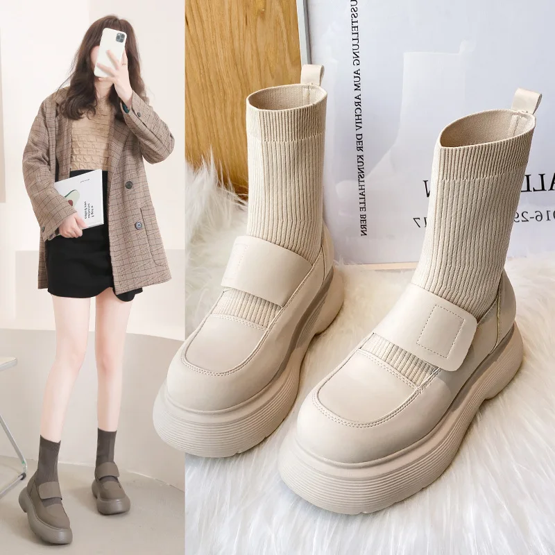 

Женские ботинки-носки на платформе, осенние полусапожки бежевого и черного цвета в стиле панк и готика, 2022