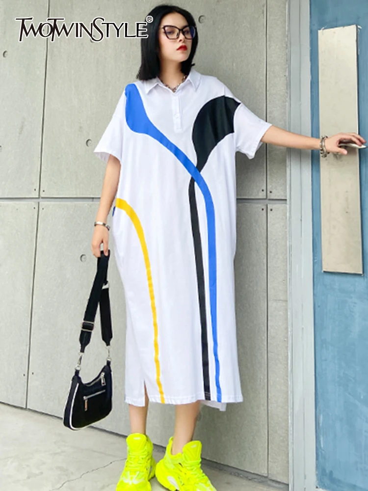 

TWOTWINSTYLE Loose Print Colorblock Dress For Women Round Neck Short Sleeve Casual Oversized Midi Dresses Female Summer Clothing