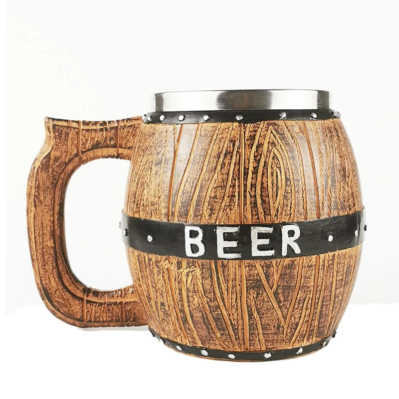 

Wooden Barrel Beer Mug, Bucket Shaped Drinkware With Handle, Stainless Steel Double Wall Cocktail Mug For Bar Restaurant