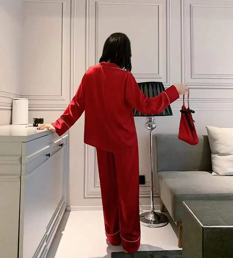 Pajamas Lady Autumn Ice and Snow Silk Women's Pajamas Long Sleeve Pants Set Home Costume Solid Casual Comfort Sleepwear