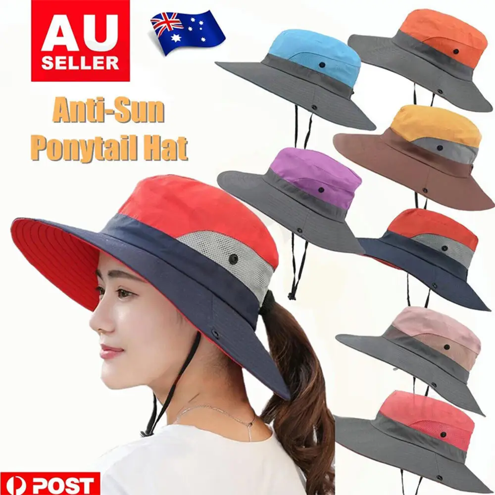 

2023 Women Wide Brim Ponytail Hat Sun Protect Visor Summer Casual Travel Beach Cap Fisherman Hat Anti UV Protection Floppy