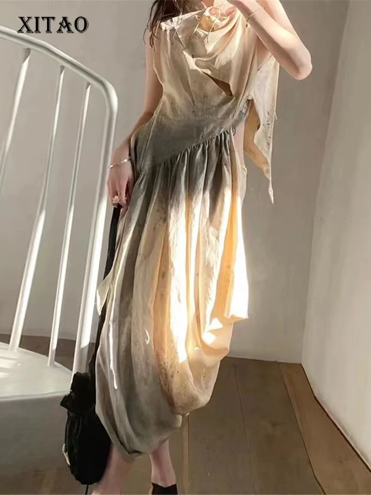 

XITAO Backless Dress Fashion Drawstring Solid Color Irregular Small Fresh Pleated Vintage Sexy Style Minority Dress WLD7740