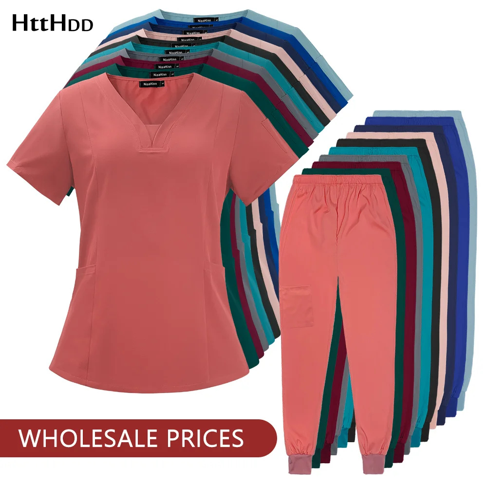 

Elastic High Quality Wholesale Operating Room Medical Uniform Set Short Sleeve Nurse Nursing Accessories Tops Pants Scrubs Suit