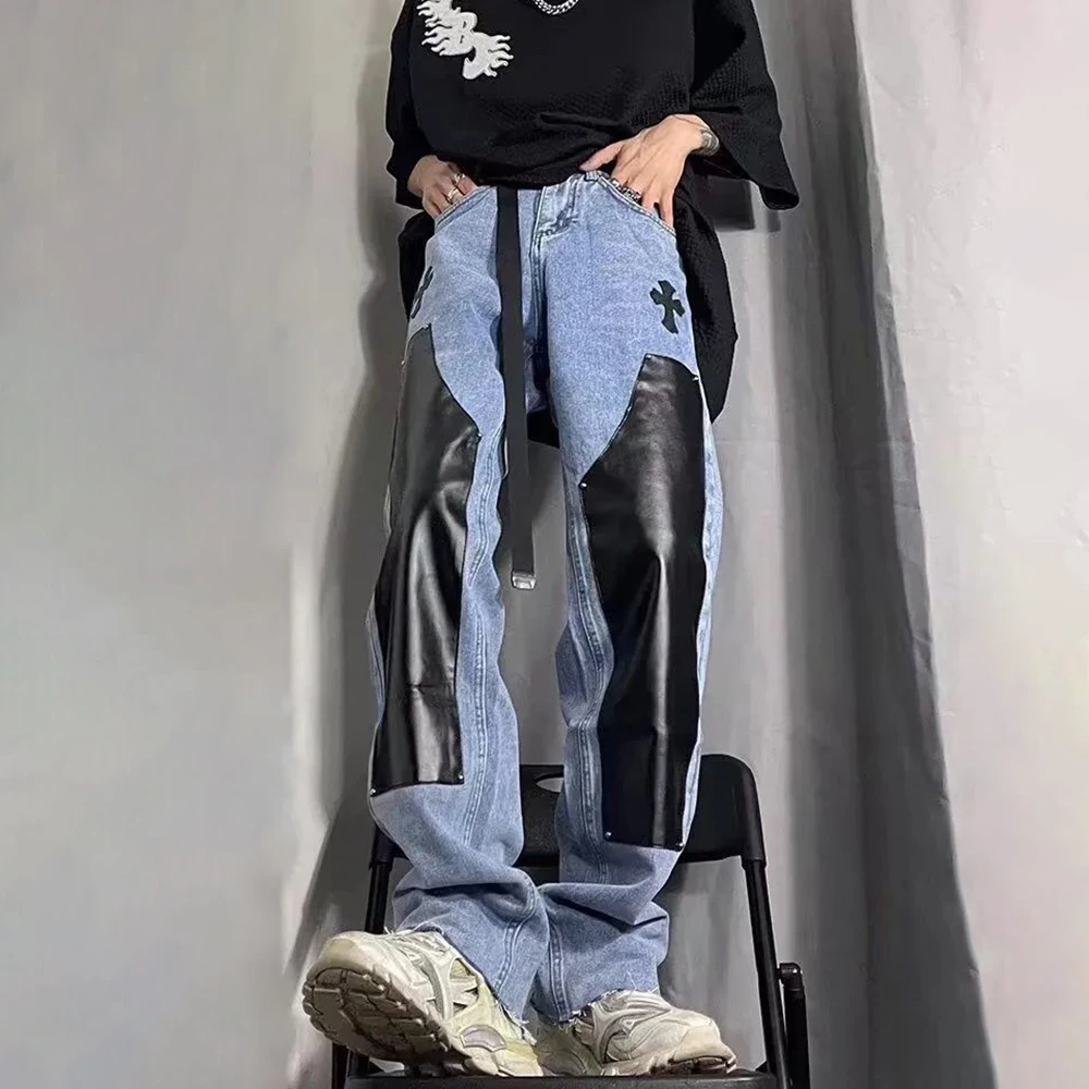 American High Street PU Leather Splicing Large Size Jeans Trendy Brand Men's Hiphop Casual Trousers Harajuku Style Fashion Pants