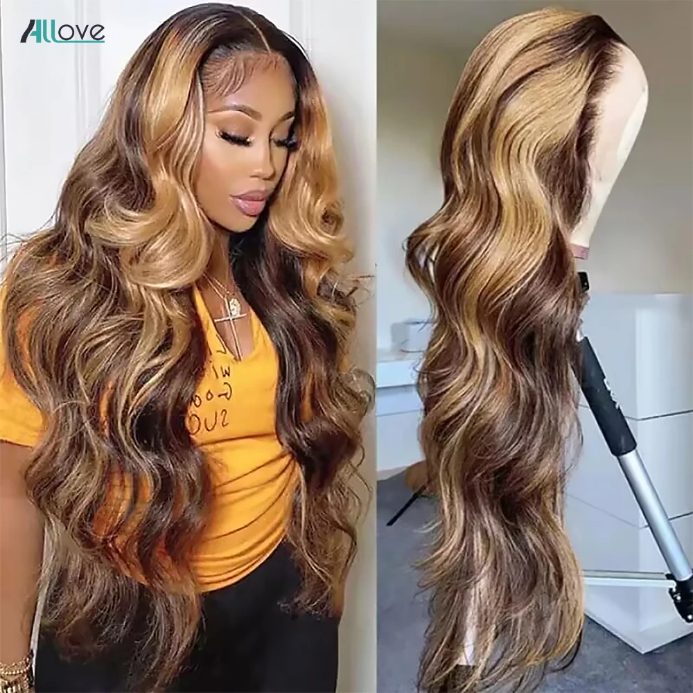 Allove 13x4 Highlight Wig Human Hair HD Body Wave Lace Frontal Wig Brazilian Ombre Honey Blonde Colored Human Hair Wig For Women