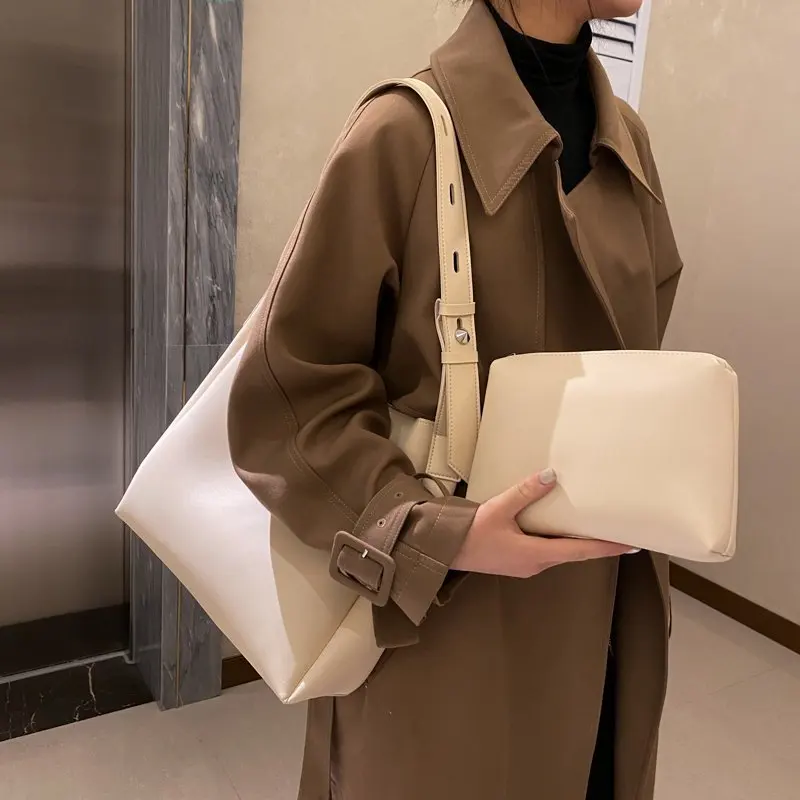 

2 Piece/set Women's Large Capacity Shoulder Bag Vintage Solid Color Pu Leather Shopper Bag Female Female Commute Bag Commute Bag