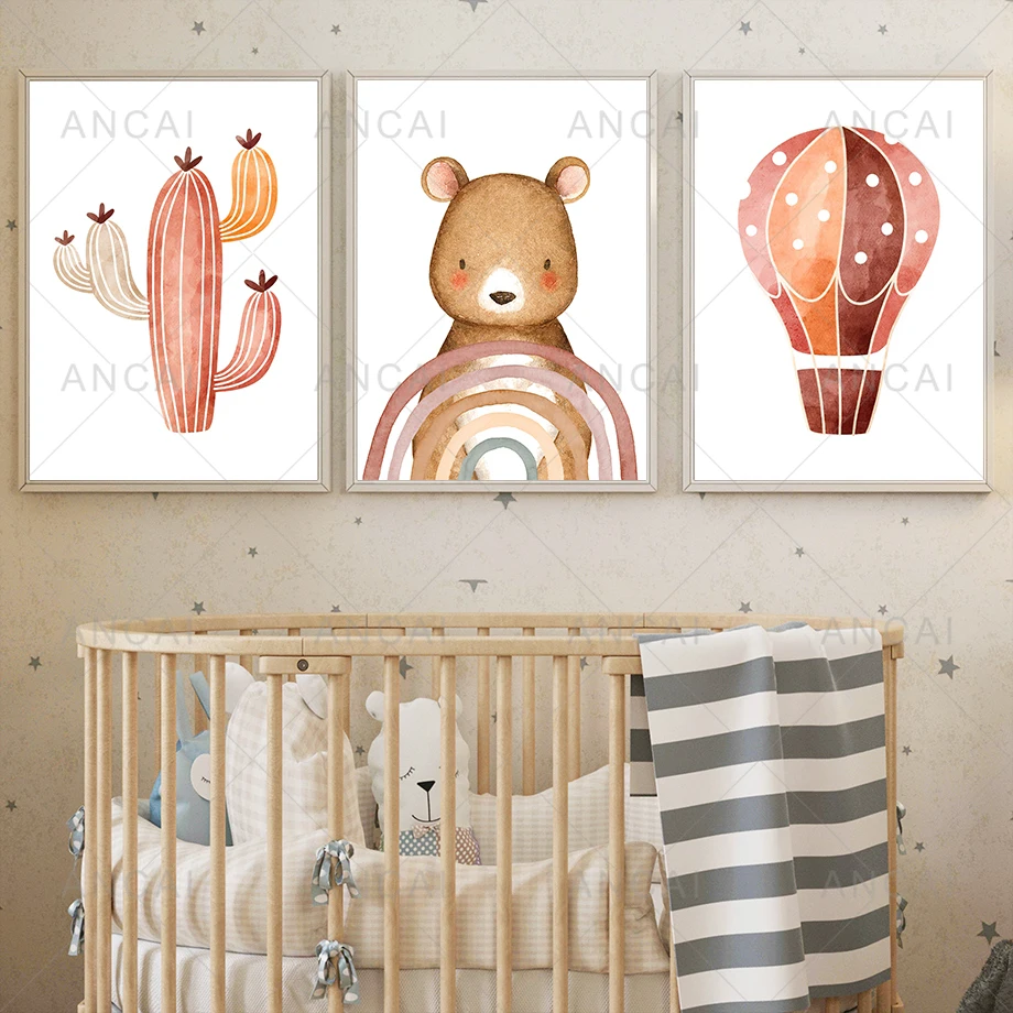 Милый богемный мультяшный медведь Альпака кактус солнце Радуга настенная