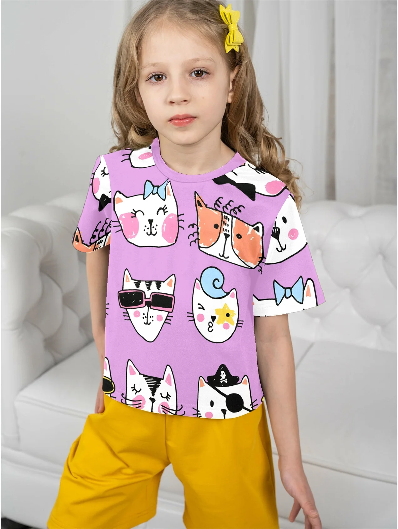 Детская летняя футболка с коротким рукавом принтом кота и лица