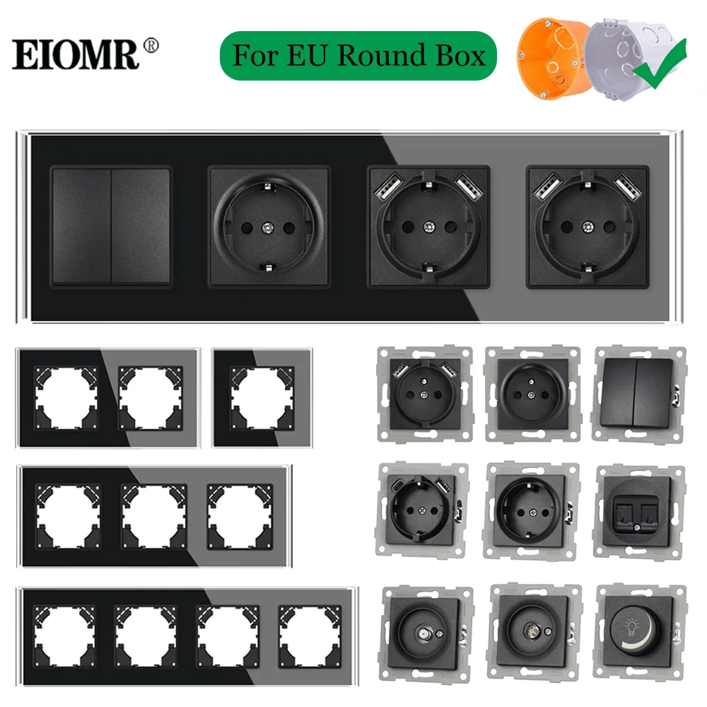 16A EU French Socket Switch с зарядкой USB Type C TV Data Rj45 220V Socket Modules DIY Комбинация черного хрусталя