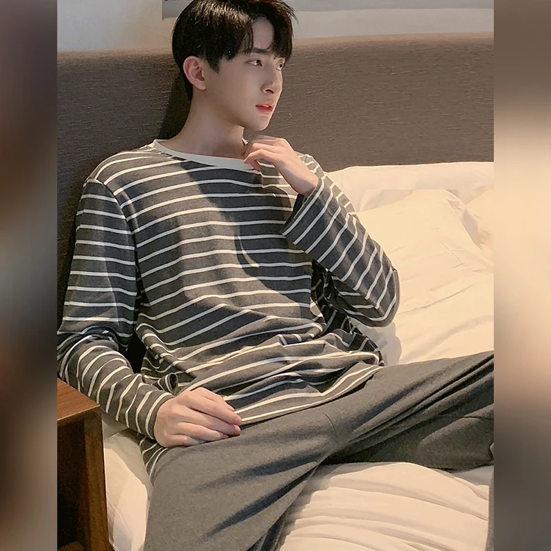 Spring 2023 new double length suit knitted cotton men's pajamas round neck pullover casual stripe large size home clothes