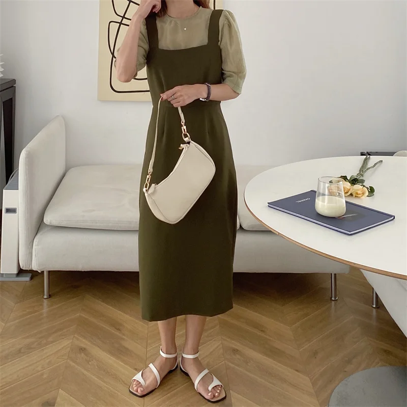 

Vintage Dress Sets Summer Two Piece Set Women Korean Style Short Sleeve Top + Sleeveless Strap Long Dress Elegant 2 Piece Outfit