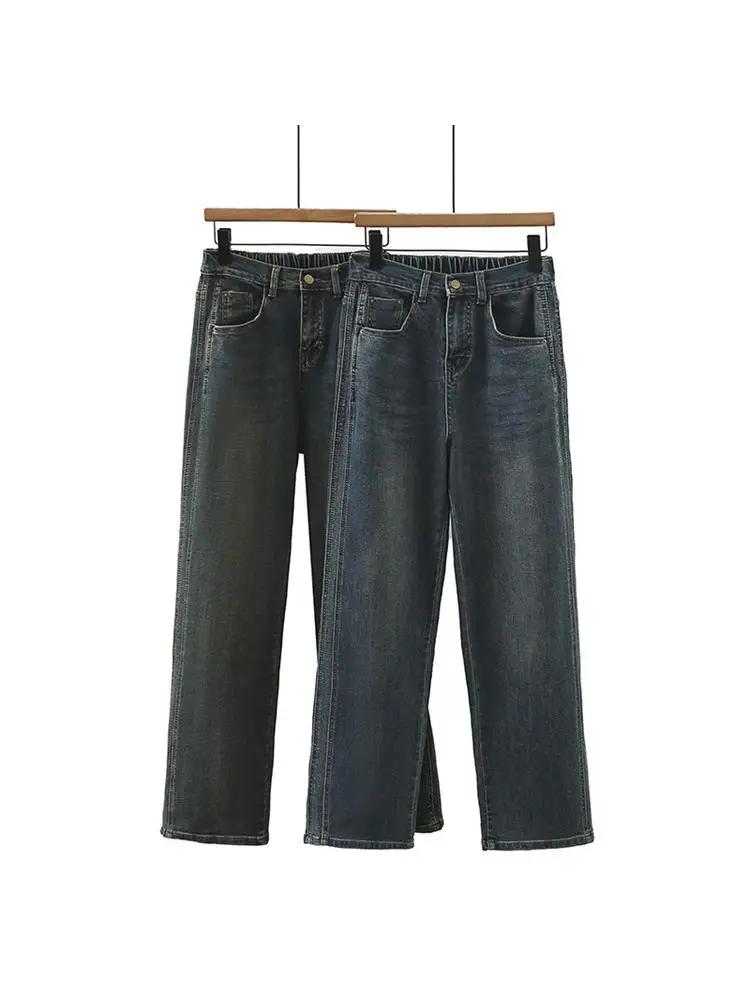 

Женские джинсы с широкими штанинами большого размера, осенние свободные повседневные эластичные брюки на молнии с высокой талией