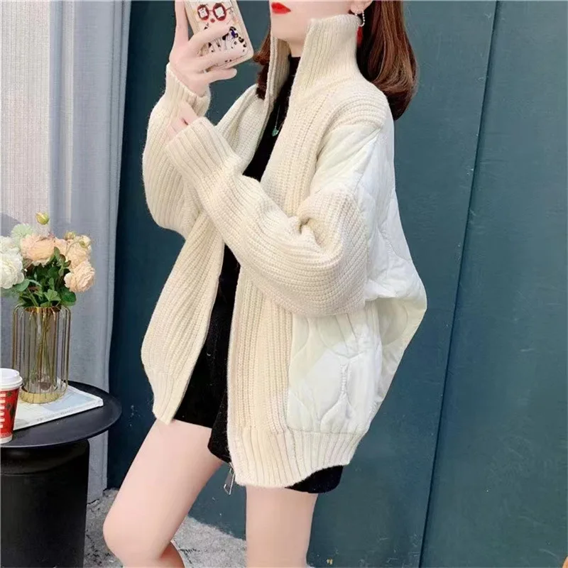 

Комбинированная хлопковая стеганая куртка, пальто, кардиган, Женский Осенний плотный свободный свитер большого размера для ленивых