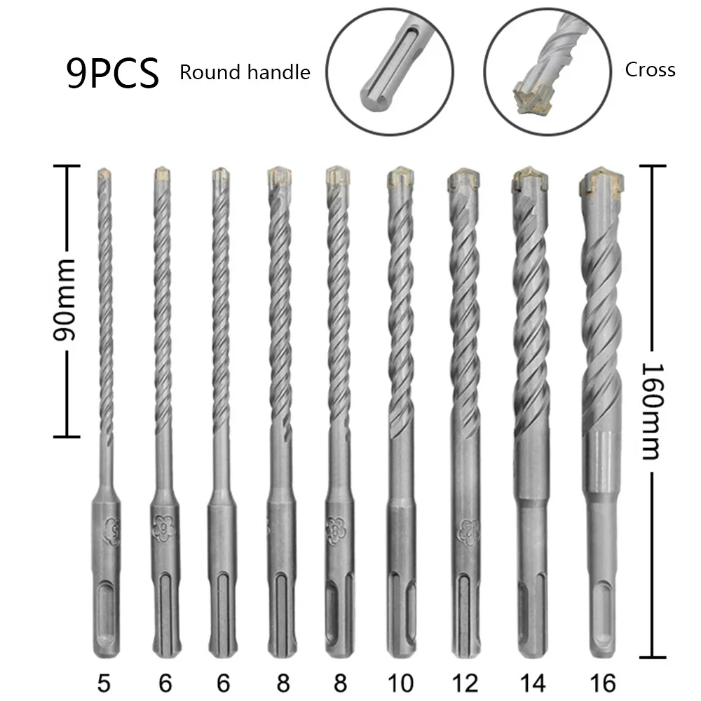 

9pcs/set 160mm Round Shank Electric Hammer SDS Plus Drill Bit Set for Concrete Wall Brick Block Masonry Hole Saw Drilling Bits