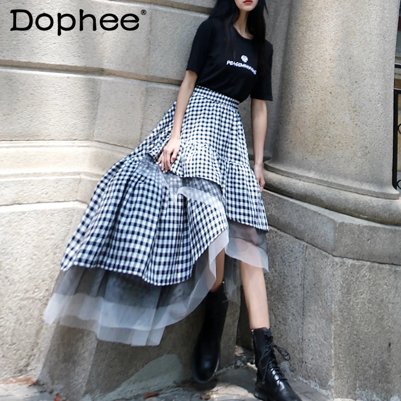 

Fashion Blue Plaid Skirt Women Irregular Mesh Ruffles Stitching Mid-Length Skirts Pettiskirt 2022 Spring New Long Faldas Mujer