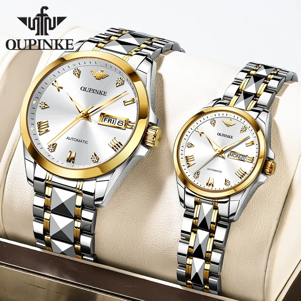 OUPINKE Classic Couple Watch Waterproof Luminous Sapphire Tungsten Steel Fashion Business Automatic Mechanical Couple Watch Set