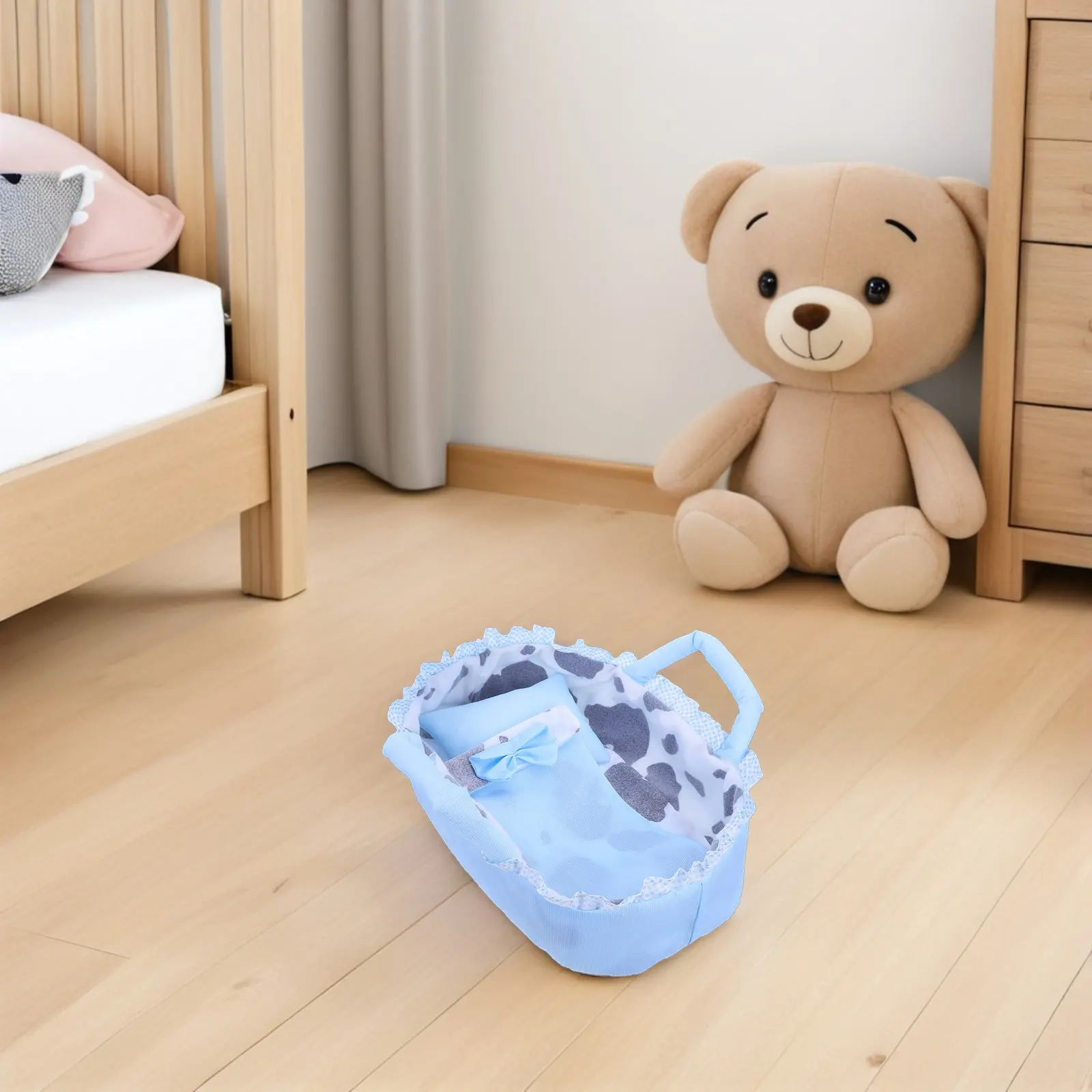 Фото Колыбель-кроватка для кукол 35 см с подушкой и одеялом, синяя, 13,8x9x3,9 дюйма, портативная люлька для реалистичных ролевых игр в кукольный домик №5