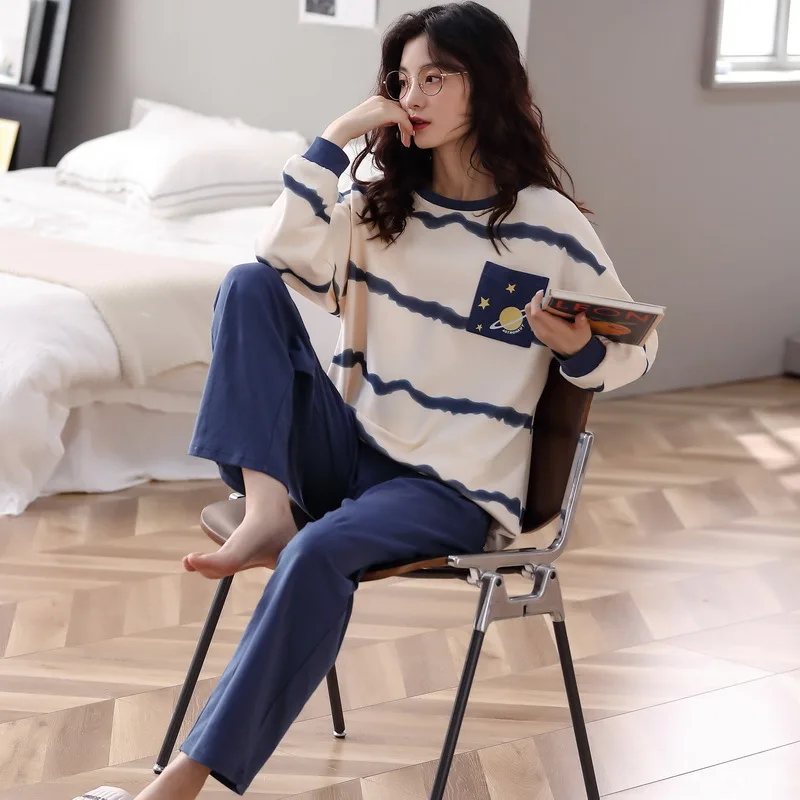 Yasuk Spring Autumn Fashion Women's Casual Soft Cotton Sleepwear Homewear Couple Pajamas Set With Pants Striped Couple Unisex