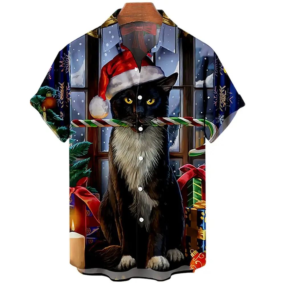 

Hawaiian men's beach shirt, single button casual shirt, cat print short sleeve shirt, Christmas and Santa Claus, fashion