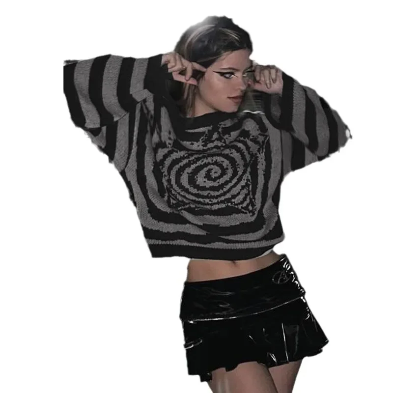 Y2k матовый черный модный вязаный свитер с цветными блоками пентаграммы в