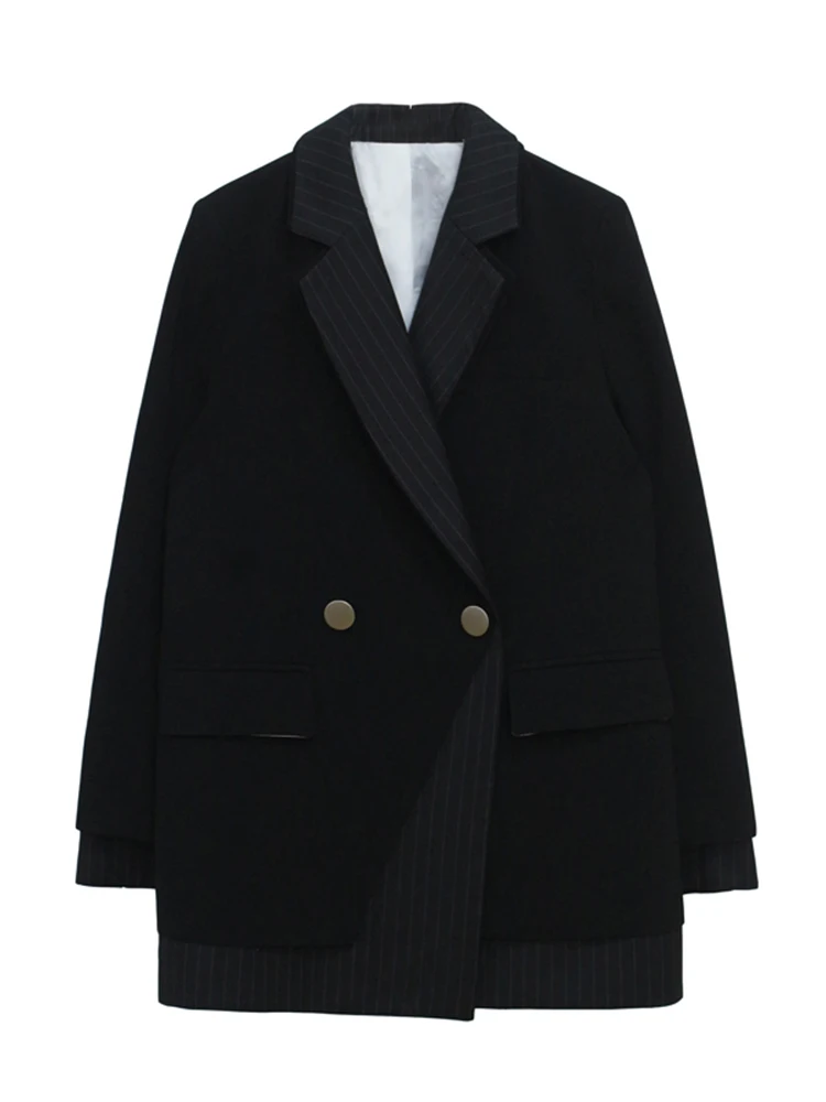 [EAM] Женский блейзер в черную полоску большой размер новинка с отворотом длинный