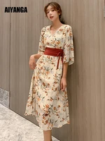 summer dress women 2022 japanese kimono casual v neck printed long dresses elegant vintage slim chiffon party dress empire robe