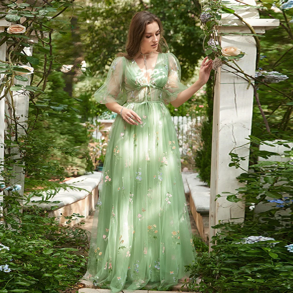 

Sexy Green Tulle Prom Dresses V Neck Half Sleeves Party Gowns Flowers Evening Dress Floor Length A-Line Illusion فساتين السهرة