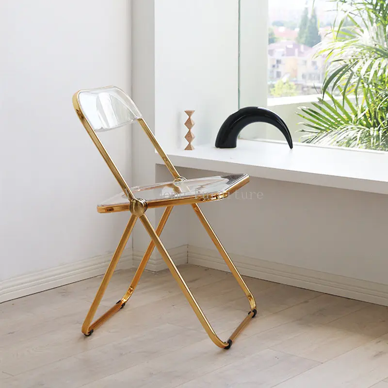 

Acrylic Transparent Folding Chair with Golden Frame Kitchen Restaurant Dining Chair Modern Clothing Store Photo Dressing Chair