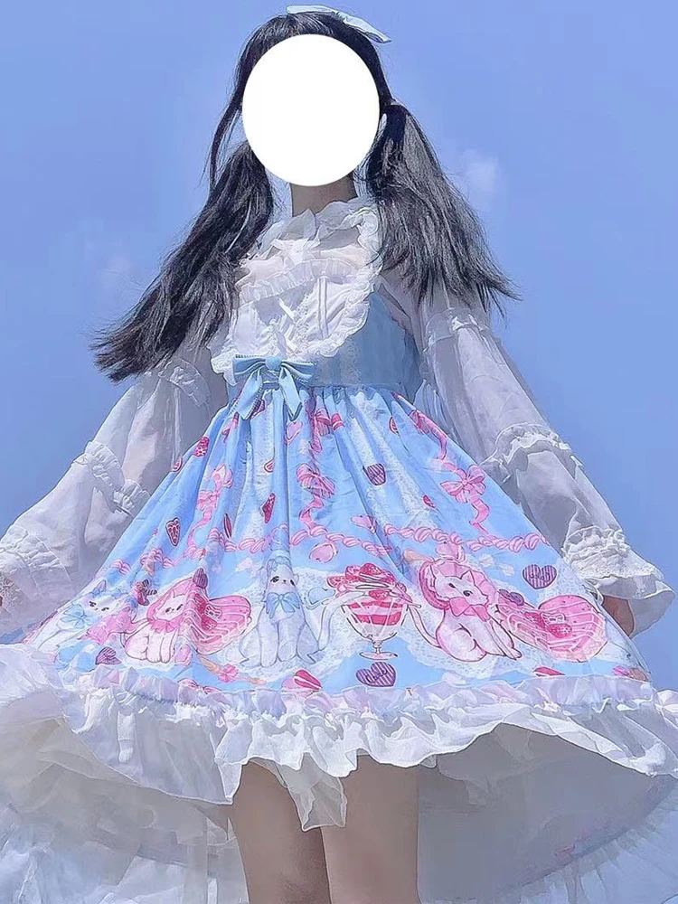 KIMOKOKM Lolita Style Princess JSK Dresses Kawaii Square Collar Bow Lace Cartoon Cat Printing Sleeveless Sweety Camisole Dress