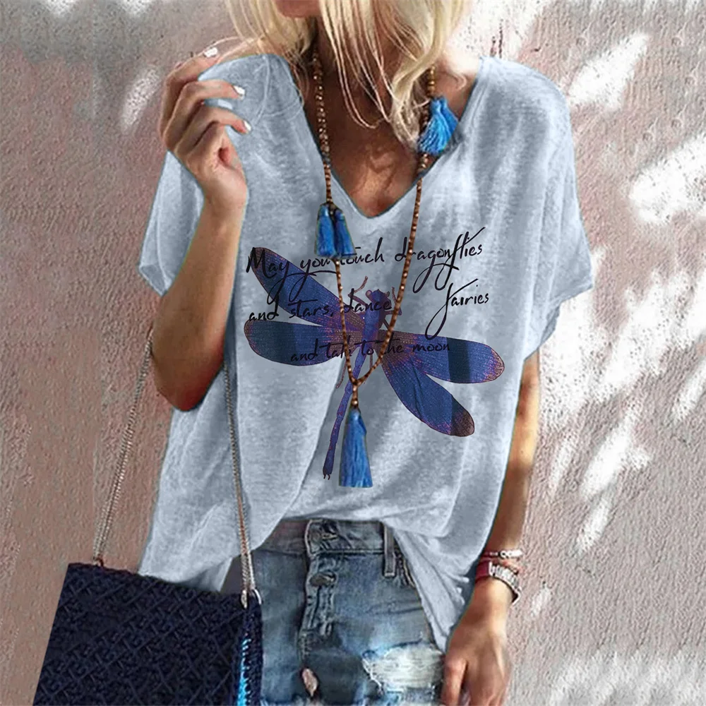 2023 Women's T-shirt 3d Dragonfly Print Girl's top street V-neck short sleeve clothes summer casual T-shirt Women new