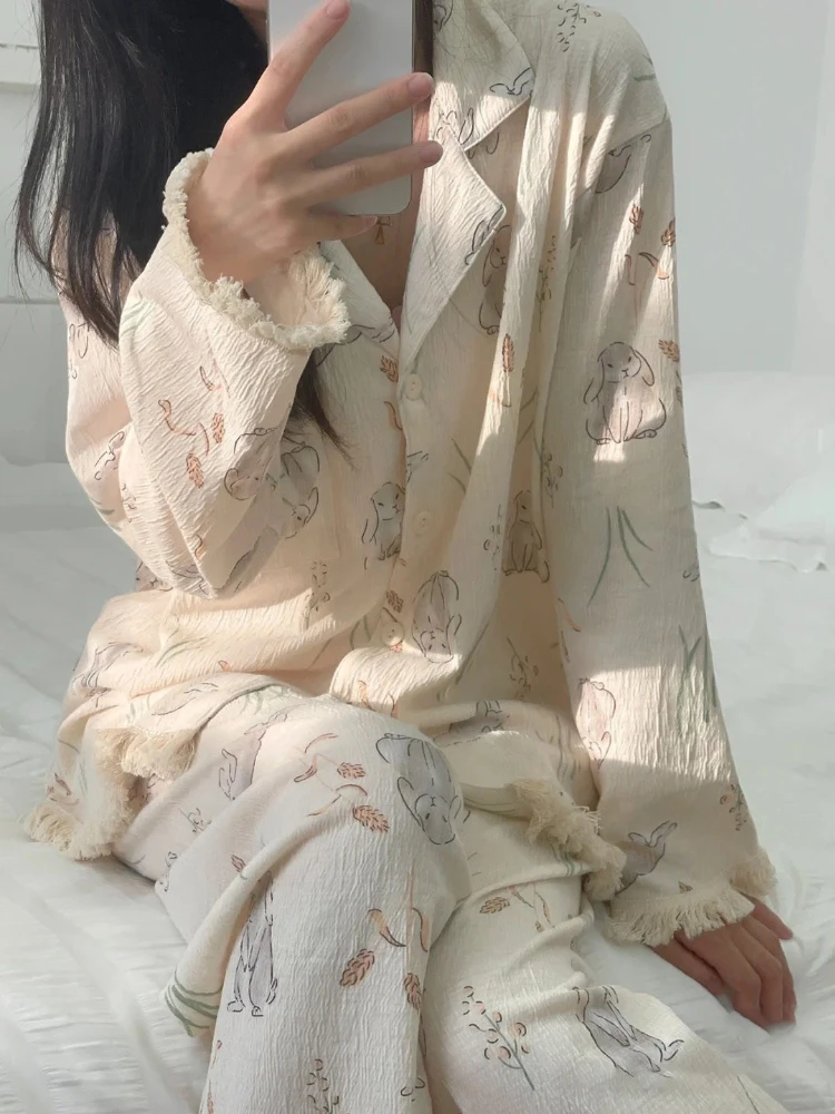QWEEK Gauze Pajamas Kawaii Rabbit Print Trouser Suits Korean Style Room Wear Breathable Soft Sleepwear Home and Sleep Clothes