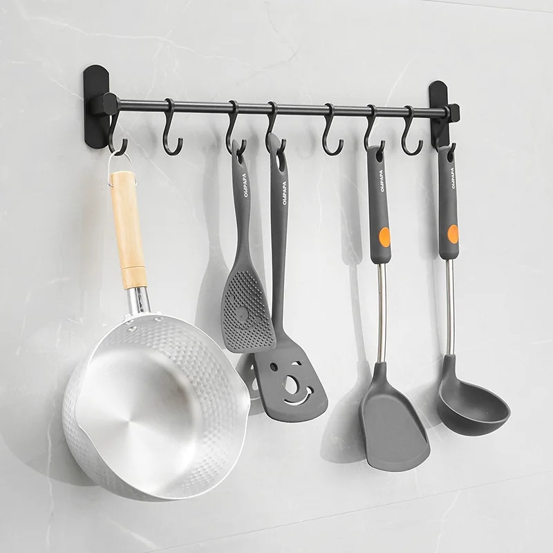 

Kitchen Bathroom Wall Storage Shelves Racks Black Silver Space Aluminum Wall Mounted Utensil Holder Organization Hanging Rack