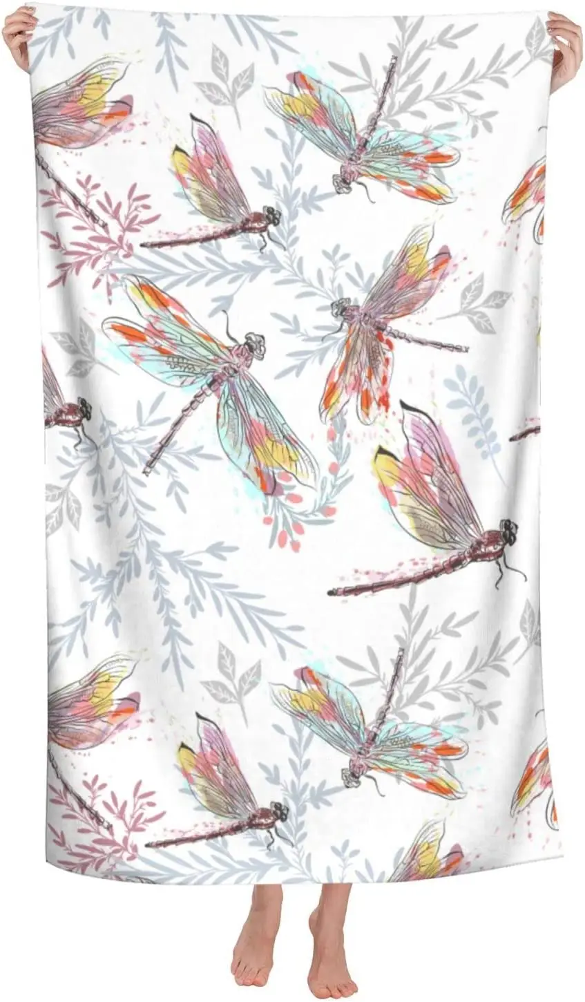 Watercolor Splash Dragonfly With Leaves On White Bath Towel Sand Proof Absorbent Quick Dry Beach Towel