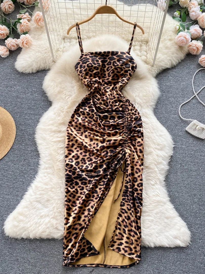 

Foamlina Sexy Leopard Print Party Long Dress Women Fashion Summer Spaghetti Strap Sleeveless Slim Drawstring Ruched Satin Dress