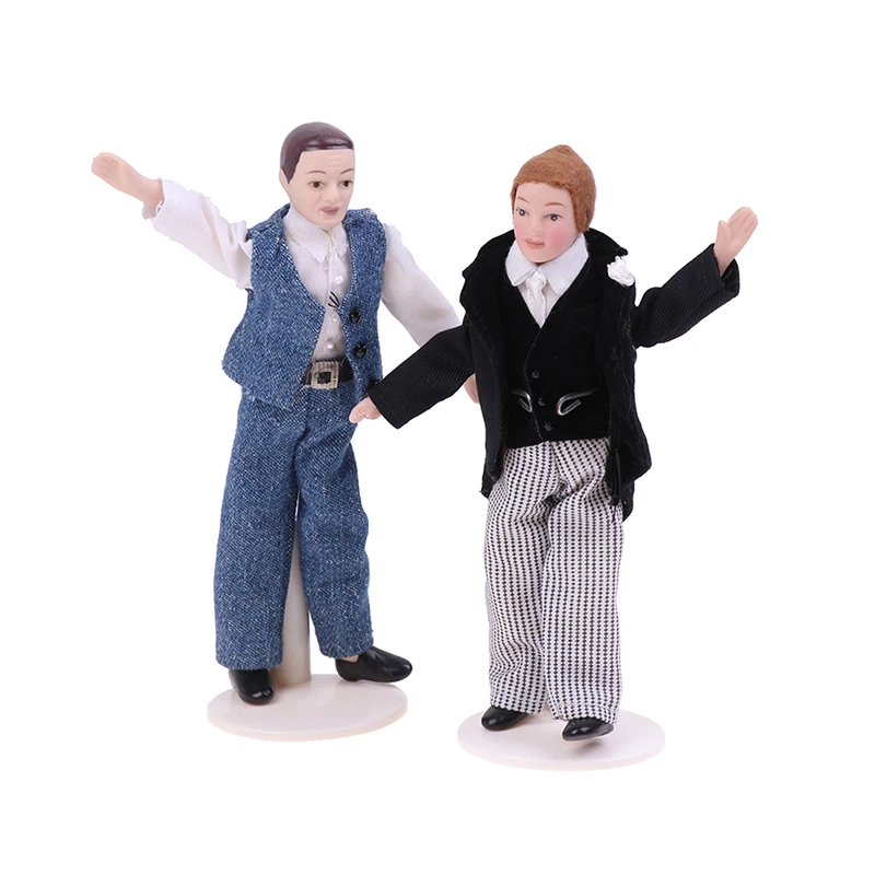 

1:12 Dollhouse Miniature Porcelain Doll People Model Business Suit Tuxedos Men Doll with Bracket For DollsHouse Life Scene Decor