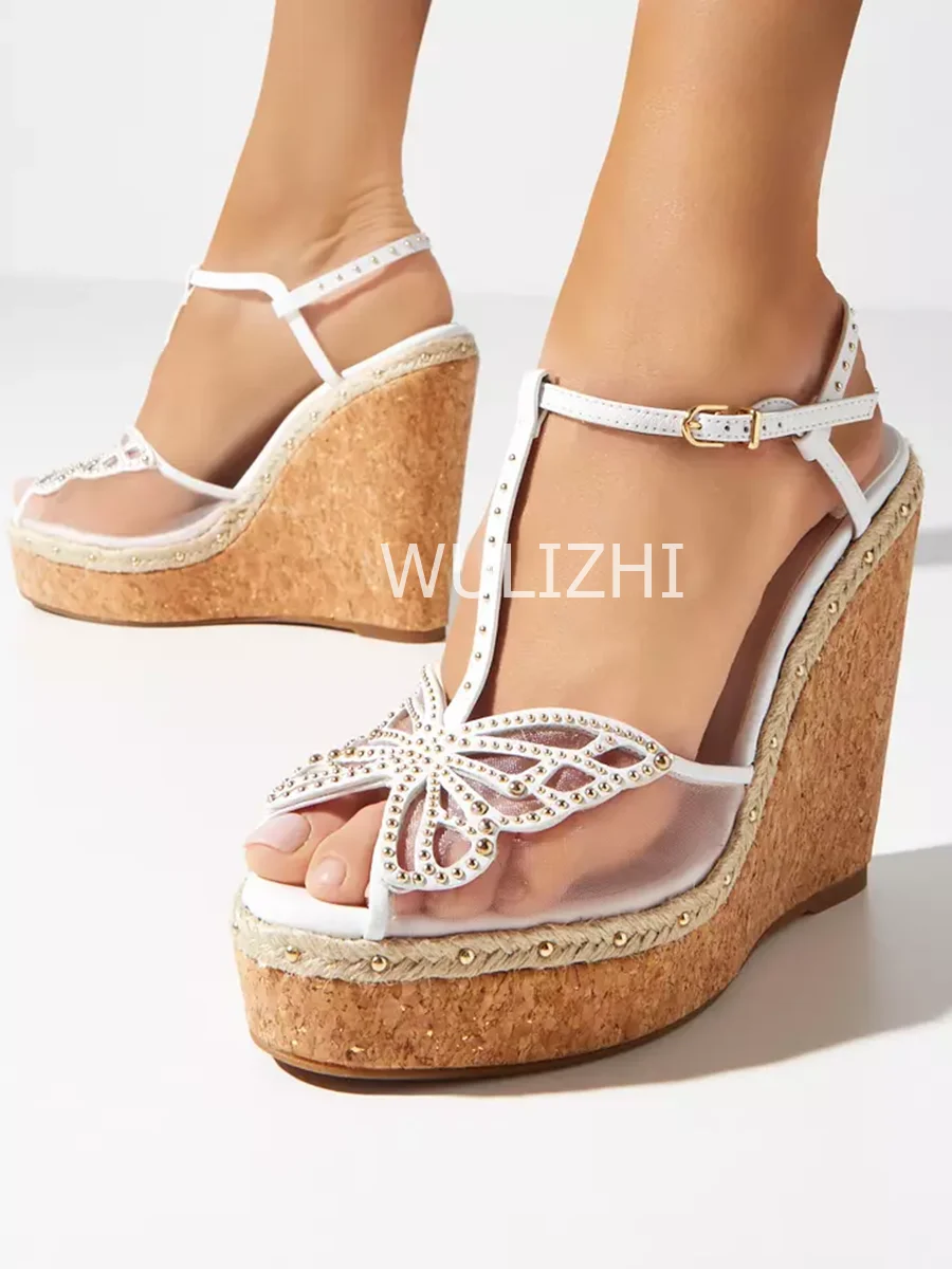 Mesh Crystal Butterfly Hollow Design Wedge Sandals Women Platform Wood Grain Heels Slingback Buckle Peep Toe White Pink Shoes