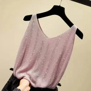 korean Bling Lurex diamond Summer knit Tank Top for Women ice silk Sleeveless Knit vest White Black Women's loose Camisole tops |