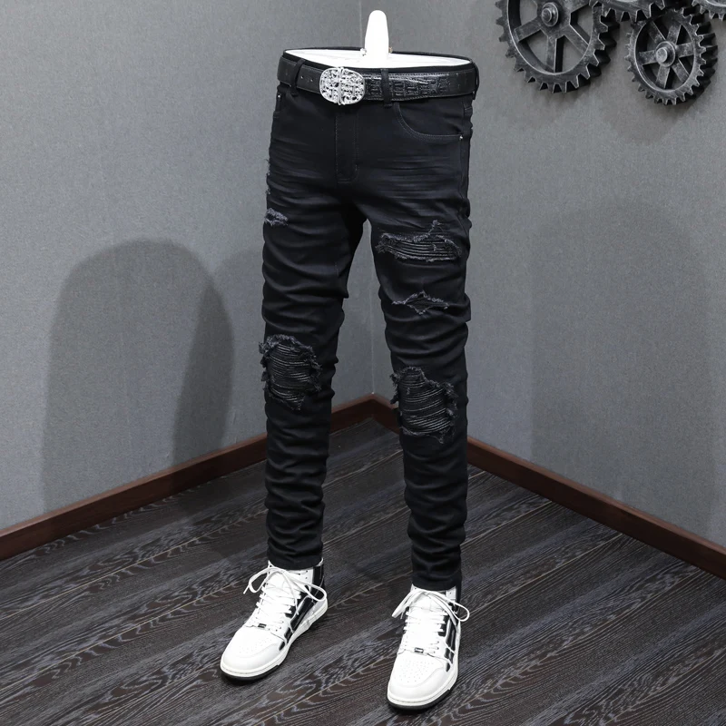 High Street Fashion Men Jeans Black Stretch Elastic Skinny Ripped Jeans Men Broken Leather Patched Designer Hip Hop Brand Pants
