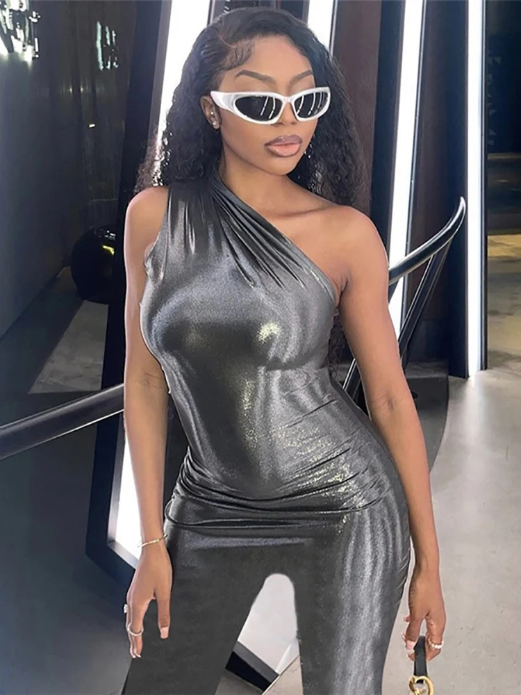 Simenual Sexy Obblique Shoulder Jumpsuit Women One Pieces Sleeveless Solid Slim Overalls Spring Party Club Baddie Clothes Shiny