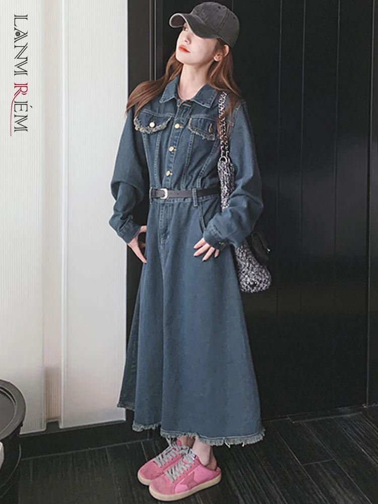 

LANMREM Vintage Denim Dress Women Tassel Design Lapel Belt Long Sleeves Dresses Streetwear 2023 Autumn New Clothing 2AA1848
