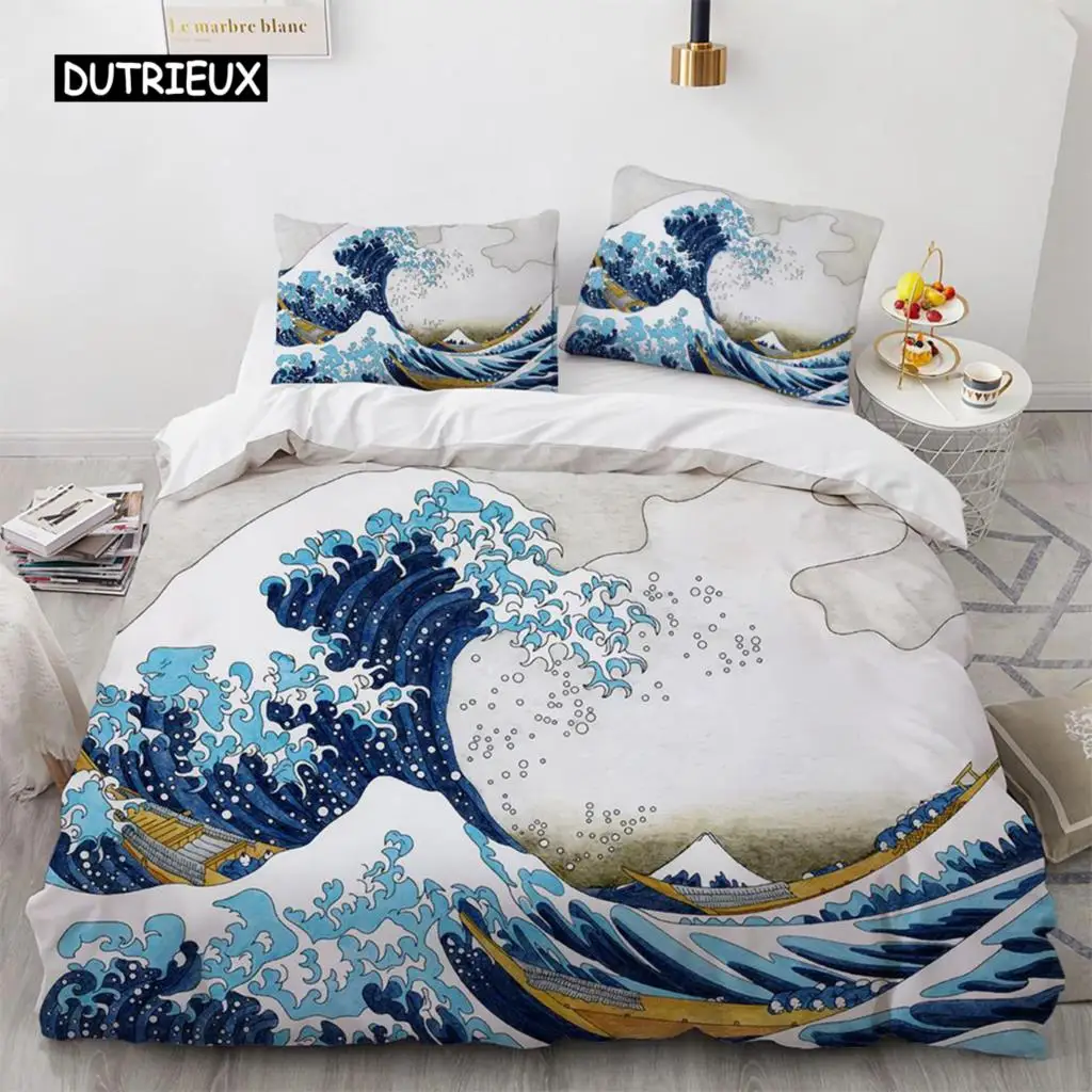 Wave Duvet Cover Set Hokusai Pattern Japanese Ukiyoe Quilt Oriental Sketch Style Ocean Queen Twin Polyester Bedding