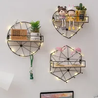 Modern Wall Hanging Storage Room Decor Frame Craft Hexagonal Iron Art Creative Display Shelf Holder Home Accessory with Light