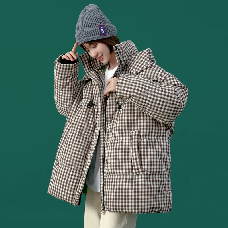 Women Winter Plaid Jackets Long Sleeve Down Cotton Parkas Coats Hooded Thick Plus Velvet Warm Coat Casual Loose Female Overcoat